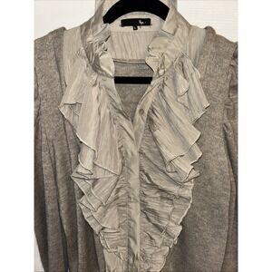 Ryu Anthropologie Sz L Taupe Gray Cardigan Faux Woven Shirt Ruffle Collar Inset